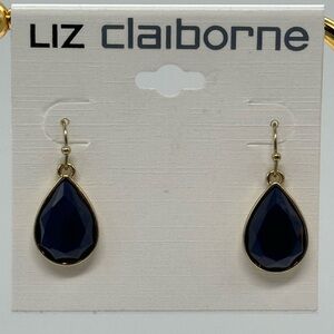 Liz Claiborne Navy Faceted  Gold Tone Hook Dangle Earrings